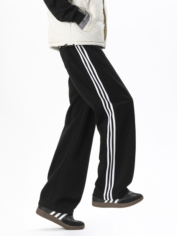 Pantaloni sport casual pentru bărbați cu trei dungi, croială dreaptă, lungi, cu șnur la talie, material din bumbac amestec