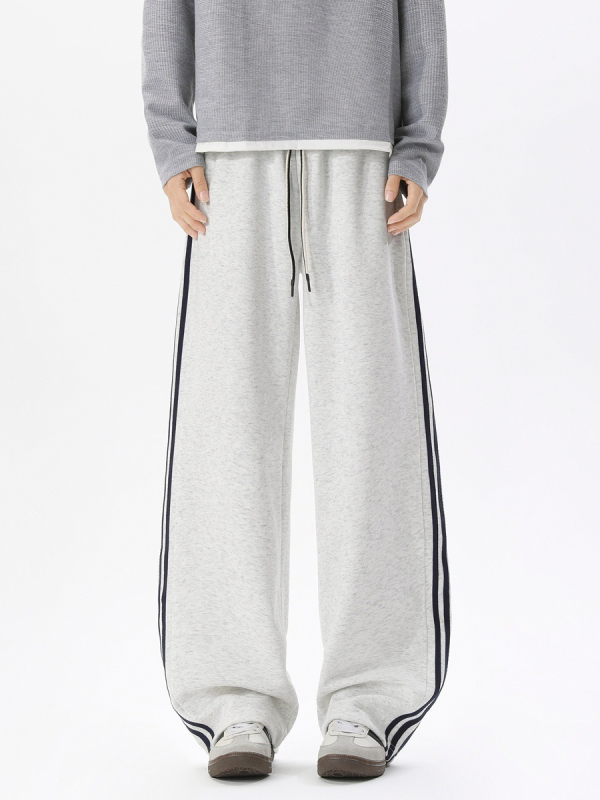 Pantaloni sport casual pentru bărbați cu trei dungi, croială dreaptă, lungi, cu șnur la talie, material din bumbac amestec