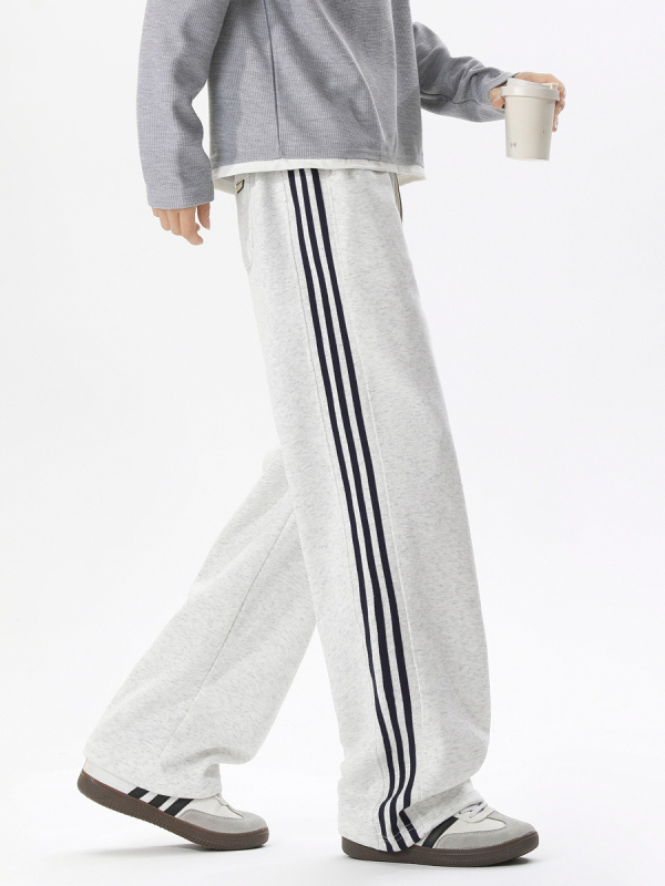 Pantaloni sport casual pentru bărbați cu trei dungi, croială dreaptă, lungi, cu șnur la talie, material din bumbac amestec