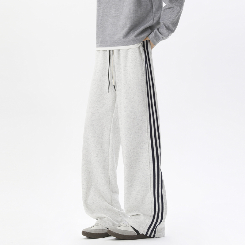 Pantaloni sport casual pentru bărbați cu trei dungi, croială dreaptă, lungi, cu șnur la talie, material din bumbac amestec