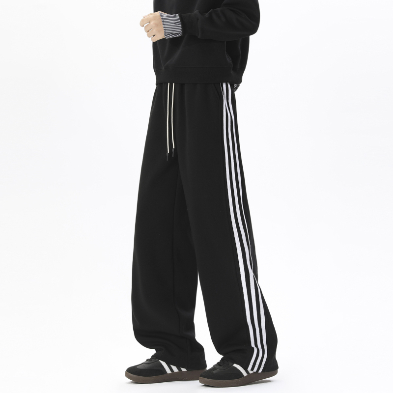 Pantaloni sport casual pentru bărbați cu trei dungi, croială dreaptă, lungi, cu șnur la talie, material din bumbac amestec