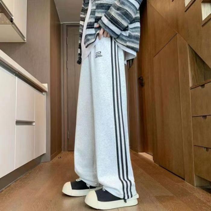 Pantaloni sport casual bărbați, cu dungi, croială lejeră, talie medie, închidere cu șnur, buzunare