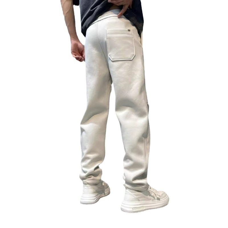 Pantaloni casual bărbați cu fleece, croială dreaptă, talie joasă, curea și fermoar, mai multe buzunare, pentru iarnă