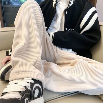 Pantaloni corduroi pentru bărbați – croială dreaptă, siluetă largă de tip wide-leg, talie medie-coborâtă, țesătură poliester