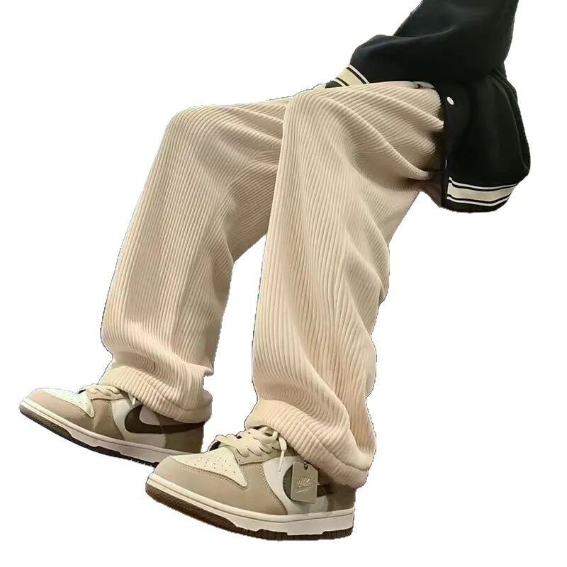 Pantaloni corduroi pentru bărbați – croială dreaptă, siluetă largă de tip wide-leg, talie medie-coborâtă, țesătură poliester