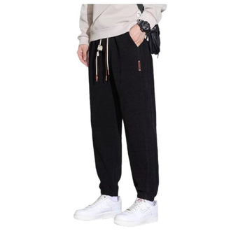 Corduroy fleece-lined muške sportske hlače, opuštena krojena, duge, srednje-visoki pas s vezicom, zima