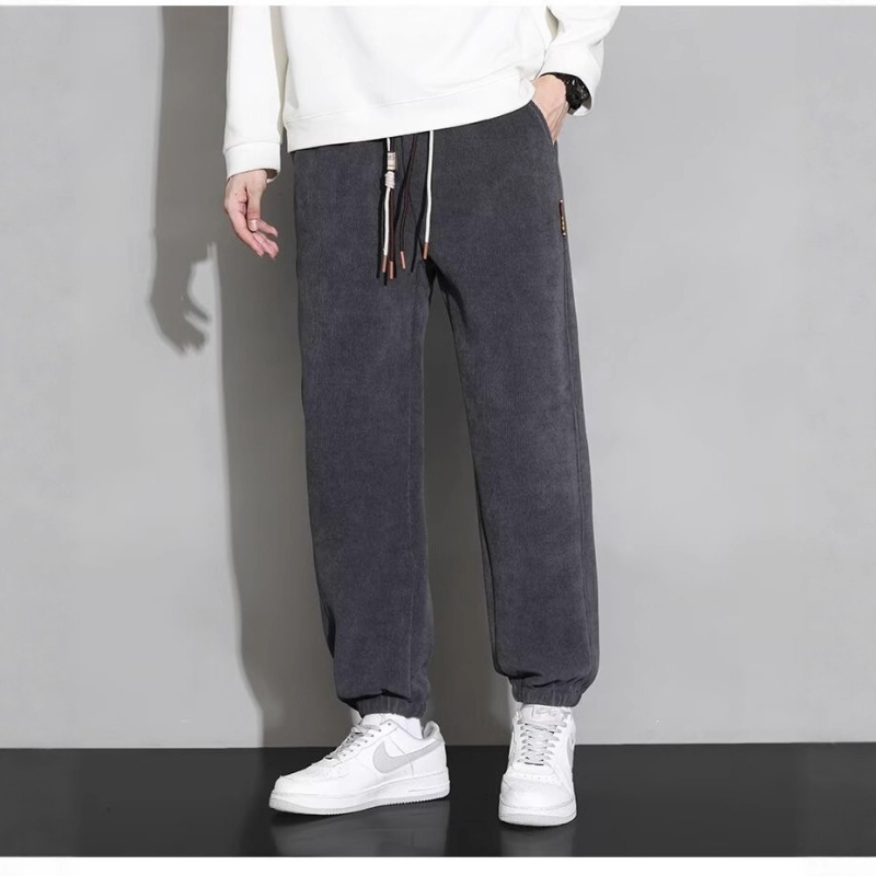 Corduroy fleece-lined muške sportske hlače, opuštena krojena, duge, srednje-visoki pas s vezicom, zima