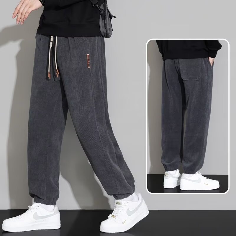 Corduroy fleece-lined muške sportske hlače, opuštena krojena, duge, srednje-visoki pas s vezicom, zima