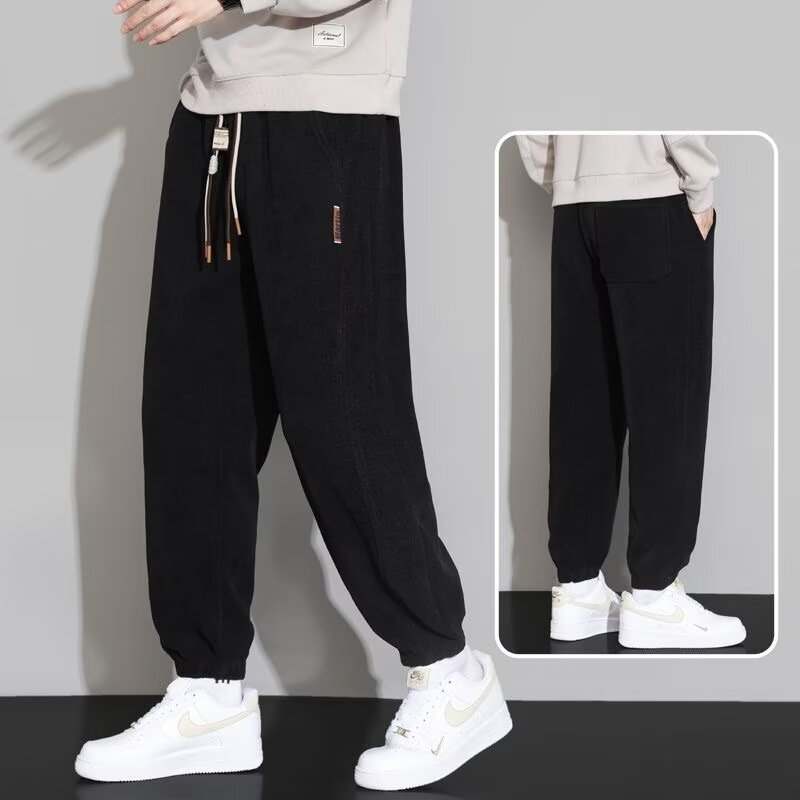 Corduroy fleece-lined muške sportske hlače, opuštena krojena, duge, srednje-visoki pas s vezicom, zima