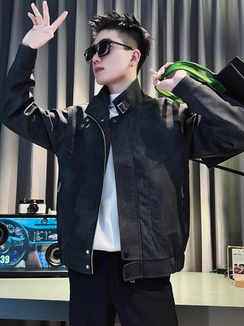 Geacă bărbați din poliester, guler înalt, croială lejeră, fermoar frontal, mâneci lungi, buzunare laterale, material amestec poliester cu căptușeală poliester, potrivit primăvară-toamnă