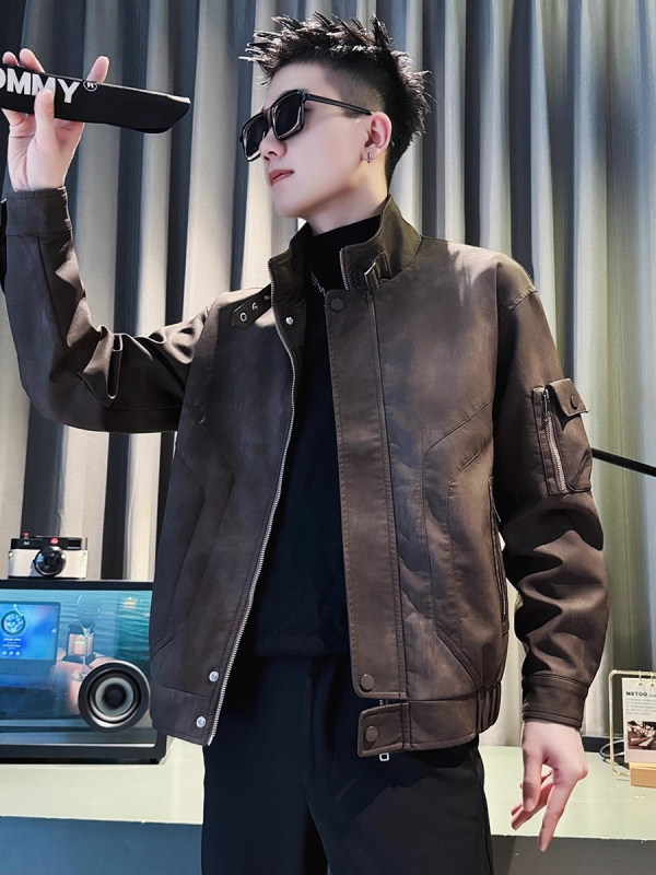 Geacă bărbați din poliester, guler înalt, croială lejeră, fermoar frontal, mâneci lungi, buzunare laterale, material amestec poliester cu căptușeală poliester, potrivit primăvară-toamnă