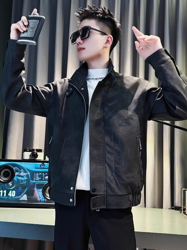 Geacă bărbați din poliester, guler înalt, croială lejeră, fermoar frontal, mâneci lungi, buzunare laterale, material amestec poliester cu căptușeală poliester, potrivit primăvară-toamnă