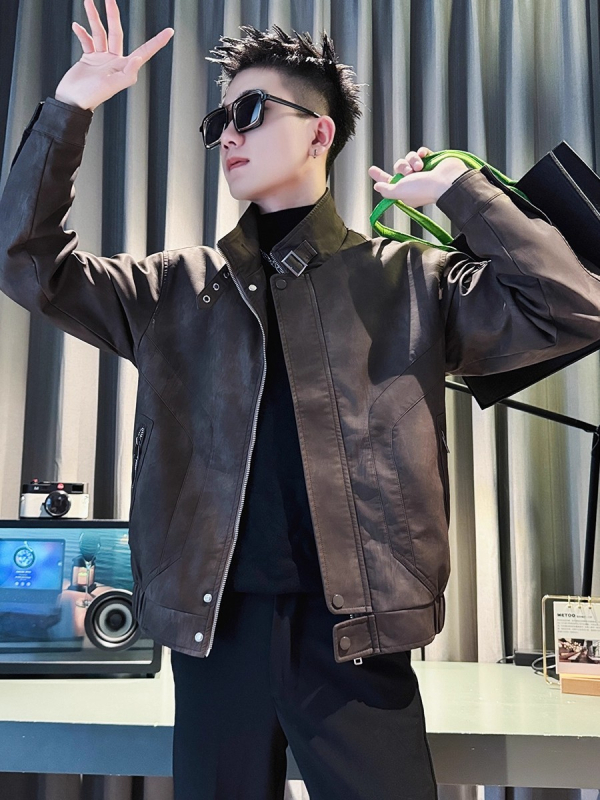 Geacă bărbați din poliester, guler înalt, croială lejeră, fermoar frontal, mâneci lungi, buzunare laterale, material amestec poliester cu căptușeală poliester, potrivit primăvară-toamnă