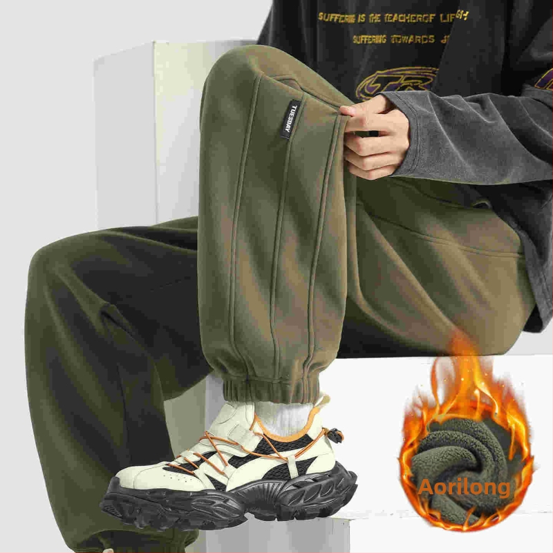 Férfi őszi-téli szélálló nadrág fleece béléssel – lazább szabás, hosszú, középső derekú, húzózsinóros zárás, vastag, sportos-alkalmi