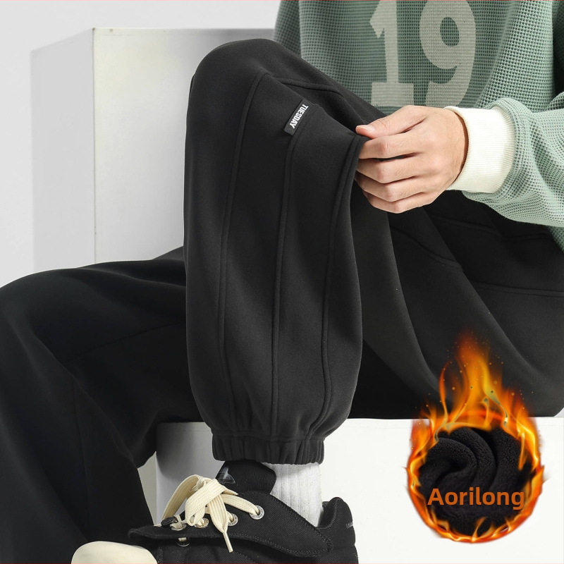 Férfi őszi-téli szélálló nadrág fleece béléssel – lazább szabás, hosszú, középső derekú, húzózsinóros zárás, vastag, sportos-alkalmi