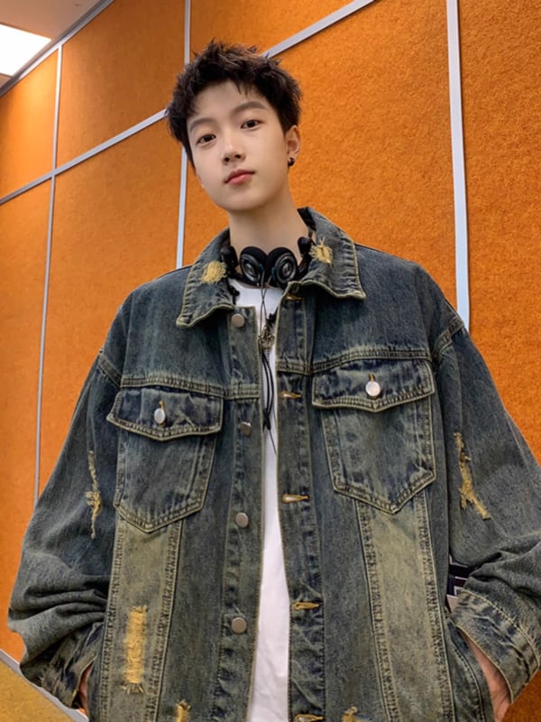 Geacă din denim pentru bărbați - uzată, croială lejeră, guler rever, închidere cu nasturi la un rând, buzunare laterale, bumbac 30-50%