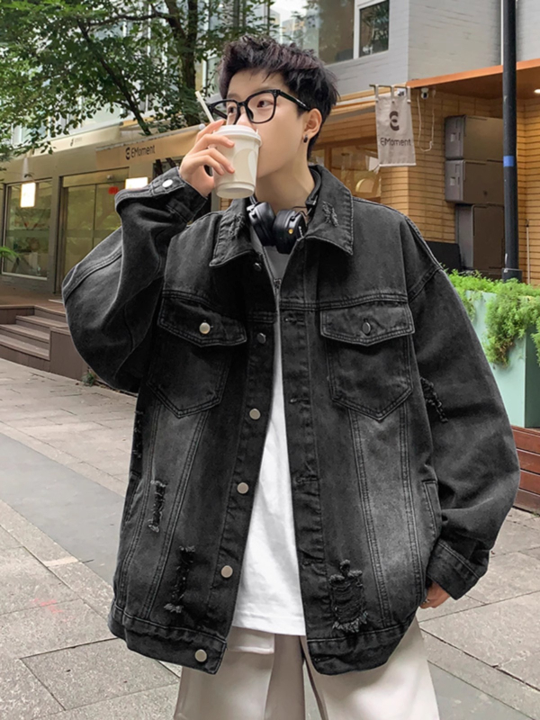 Geacă din denim pentru bărbați - uzată, croială lejeră, guler rever, închidere cu nasturi la un rând, buzunare laterale, bumbac 30-50%