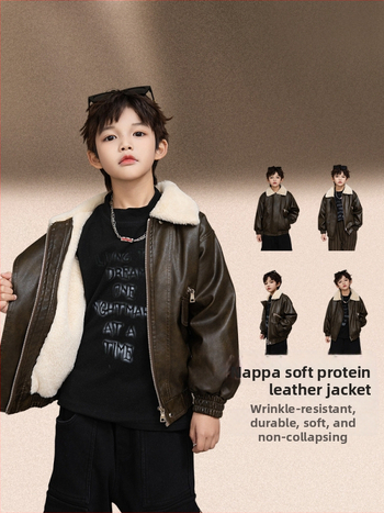 Detská PU kožená bunda s fleecovou podšívkou, zapínanie na zips, golier typu rever, dlhé rukávy, krátky strih