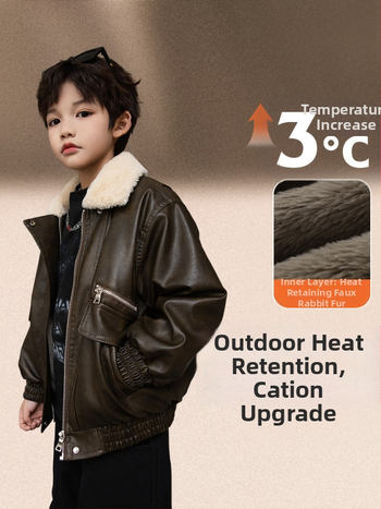 Detská PU kožená bunda s fleecovou podšívkou, zapínanie na zips, golier typu rever, dlhé rukávy, krátky strih