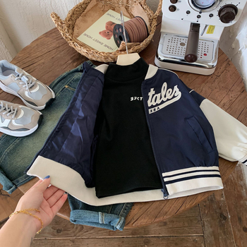 Detský jesenný kabát 2025, kórejský štýl, zips, okrúhly golier, dlhé rukávy, potlač s písmenami, bavlnená zmes s 90% polyesterom