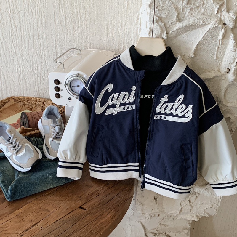 Detský jesenný kabát 2025, kórejský štýl, zips, okrúhly golier, dlhé rukávy, potlač s písmenami, bavlnená zmes s 90% polyesterom