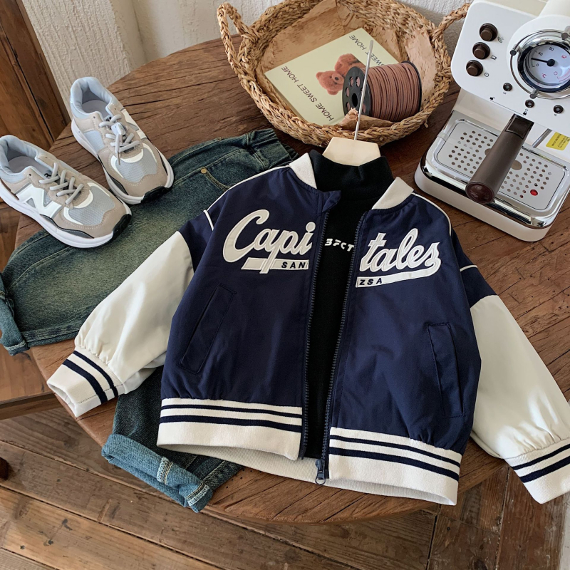 Detský jesenný kabát 2025, kórejský štýl, zips, okrúhly golier, dlhé rukávy, potlač s písmenami, bavlnená zmes s 90% polyesterom