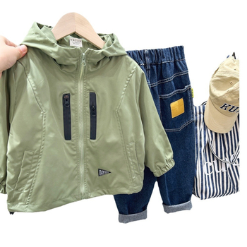 Detský kabát pre chlapcov na jar, kórejský štýl, zipsové zapínanie, pevnú kapucňu