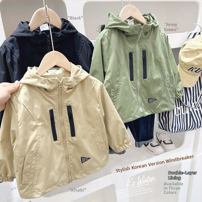 Detský kabát pre chlapcov na jar, kórejský štýl, zipsové zapínanie, pevnú kapucňu