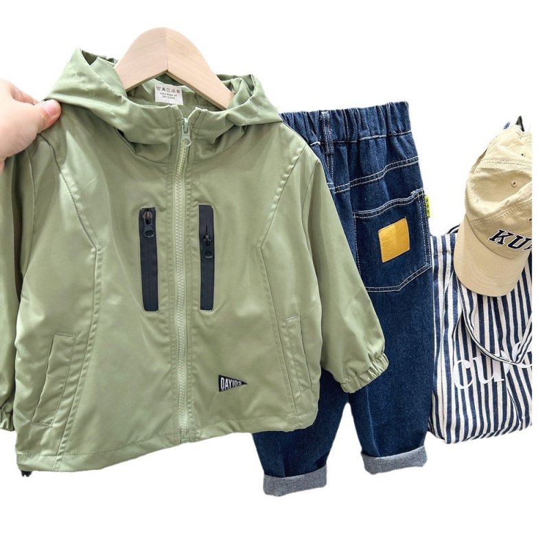 Detský kabát pre chlapcov na jar, kórejský štýl, zipsové zapínanie, pevnú kapucňu