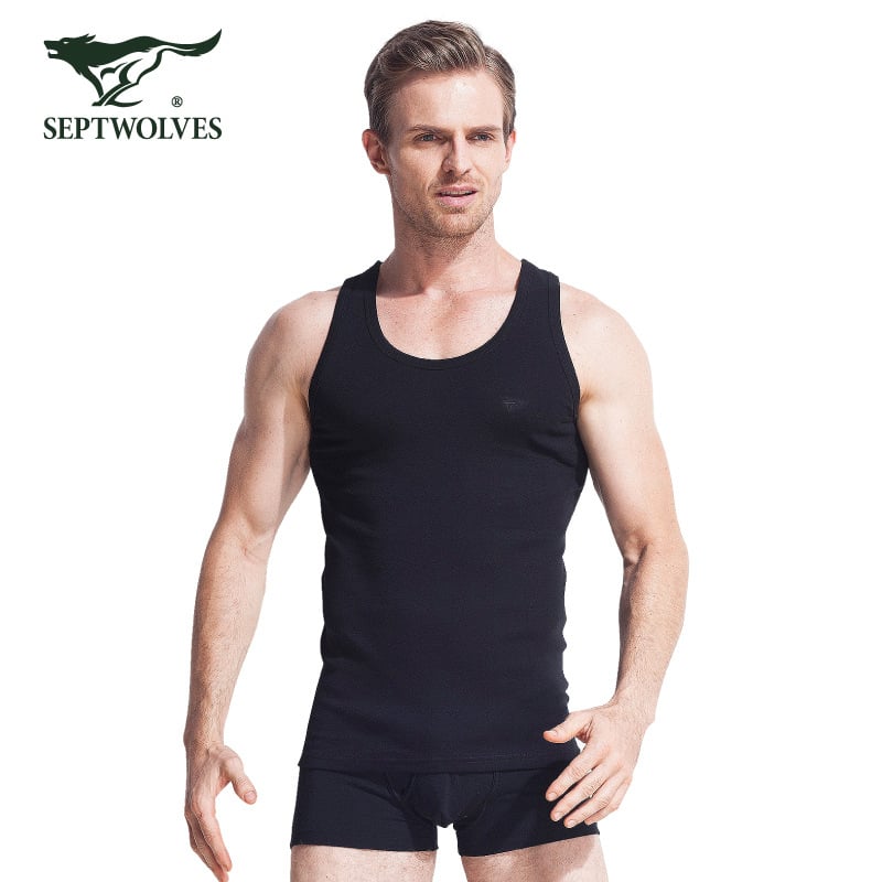 Мъжки потник от 100% памук, дишащ и удобен за спорт и ежедневно носене, ниска яка, средна плътност 141–160 г/м² (Septwolves; 100% памук; ниска яка; 141–160 г/м²; пролет 2024)