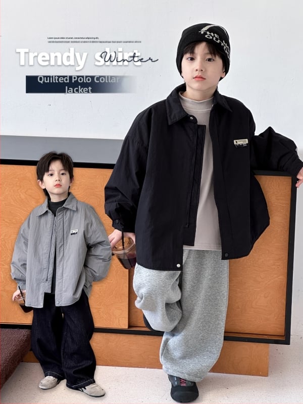 Detský vonkajší kabát pre chlapcov, bavlnená výplň, hrubý, štýl kórejský, golier polo, zapínanie na gombíky, krátky strih