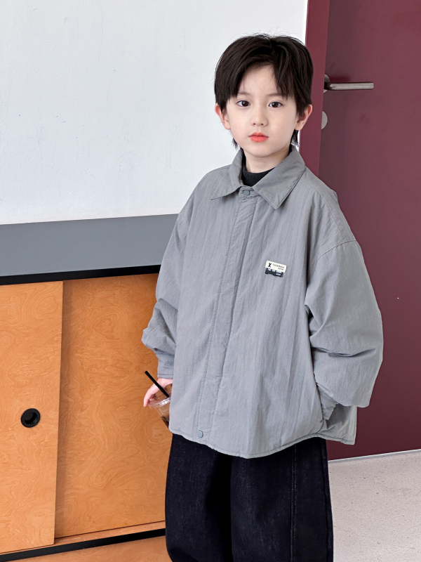 Detský vonkajší kabát pre chlapcov, bavlnená výplň, hrubý, štýl kórejský, golier polo, zapínanie na gombíky, krátky strih