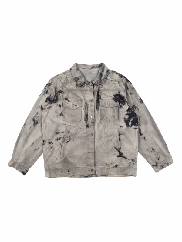 Farmerkabát tie-dye technikával, laza szabású, gallér reverrel, 3D patch zsebek