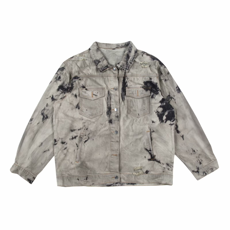 Farmerkabát tie-dye technikával, laza szabású, gallér reverrel, 3D patch zsebek