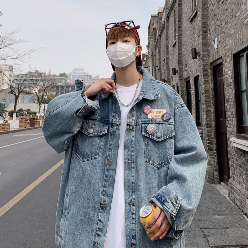 Jachetă denim pentru bărbați, croială lejeră, fără guler, cu un rând de nasturi, buzunare laterale, 50% bumbac, primăvară-toamnă