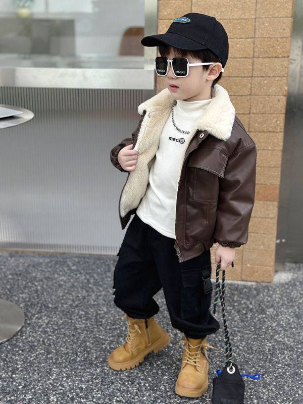 Detská PU kožená bunda – fleecovou podšívkou, kórejský štýl, štvorcový golier, zapínanie na gombíky, od 8 rokov