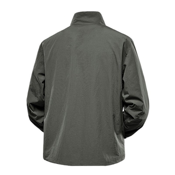 Minimalista férfi munkaruha dzseki álló gallérral, laza szabás, vékony anyag, hosszú ujjú – 2025 tavasza