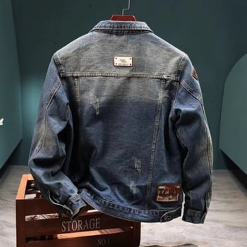 Geacă denim pentru bărbați, grosime de iarnă, cu guler înalt, fermoar, buzunare multiple, margini franjurate