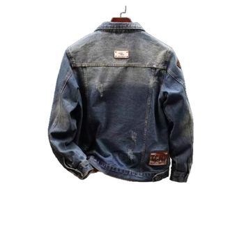 Geacă denim pentru bărbați, grosime de iarnă, cu guler înalt, fermoar, buzunare multiple, margini franjurate