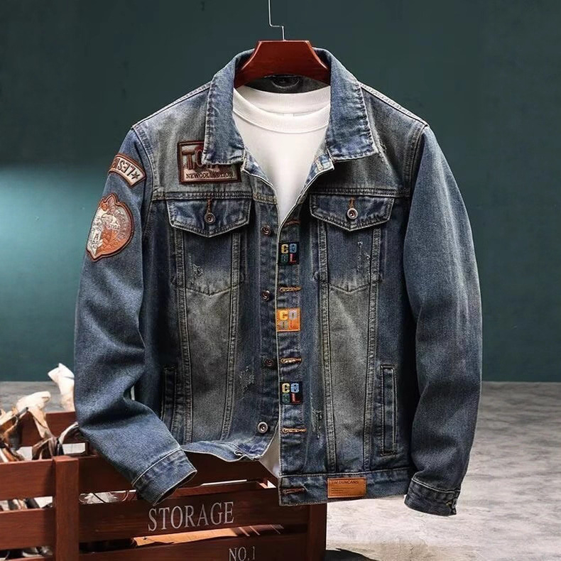 Geacă denim pentru bărbați, grosime de iarnă, cu guler înalt, fermoar, buzunare multiple, margini franjurate