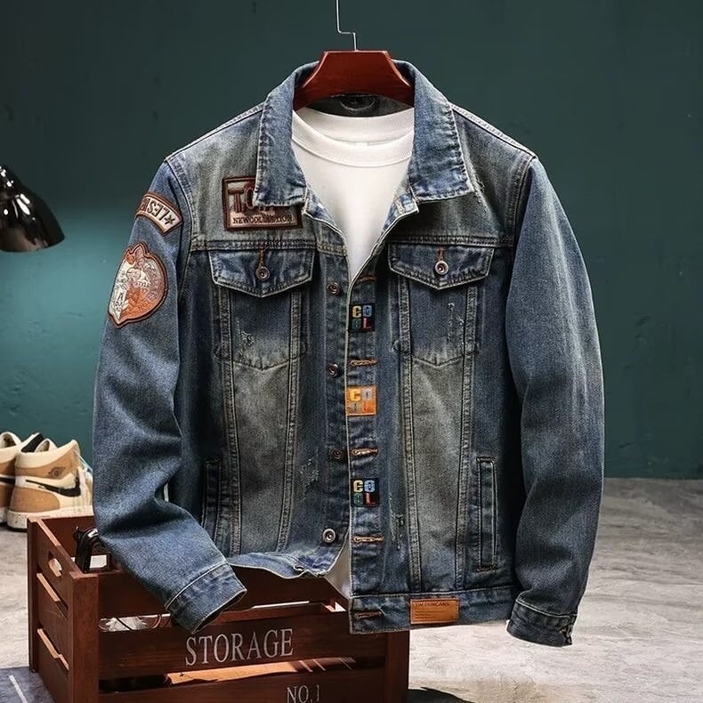 Geacă denim pentru bărbați, grosime de iarnă, cu guler înalt, fermoar, buzunare multiple, margini franjurate