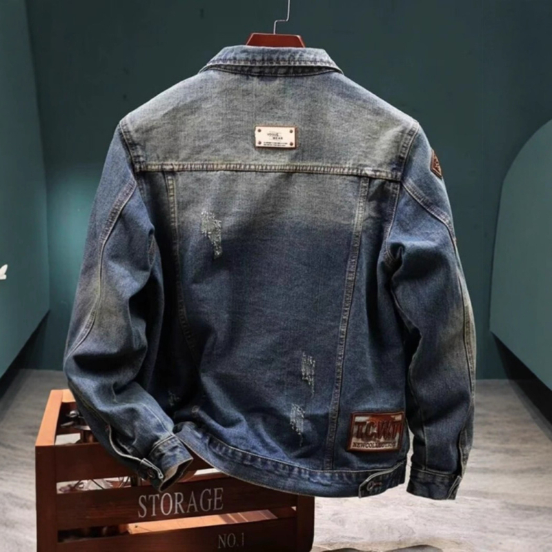 Geacă denim pentru bărbați, grosime de iarnă, cu guler înalt, fermoar, buzunare multiple, margini franjurate