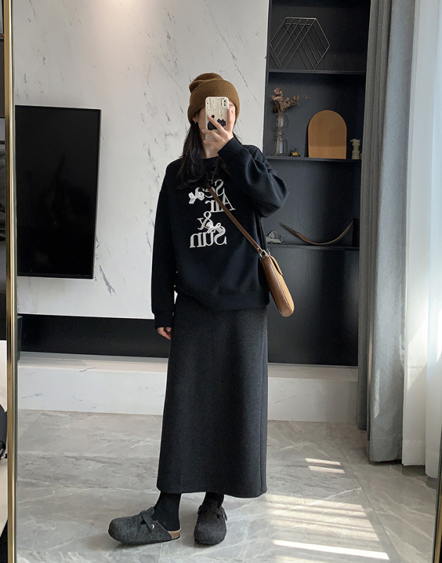 Suknja s razrezom od vunene smjese, visoki struk, srednja dužina, acetat vlakna 95%+, spandex <30%, korejsko-japanski ležerni stil, Zima 2024.