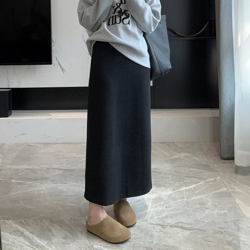 Suknja s razrezom od vunene smjese, visoki struk, srednja dužina, acetat vlakna 95%+, spandex <30%, korejsko-japanski ležerni stil, Zima 2024.