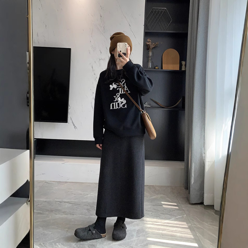 Suknja s razrezom od vunene smjese, visoki struk, srednja dužina, acetat vlakna 95%+, spandex <30%, korejsko-japanski ležerni stil, Zima 2024.
