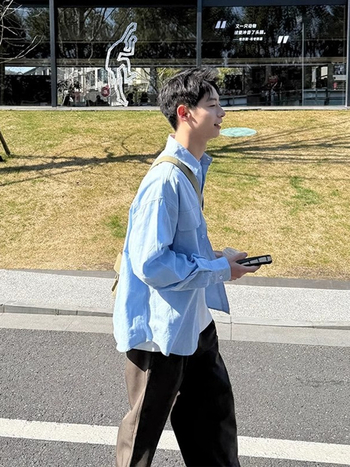 Мъжка риза с дълги ръкави, свободен силует, яка лапел, полиестер