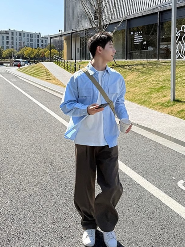 Мъжка риза с дълги ръкави, свободен силует, яка лапел, полиестер