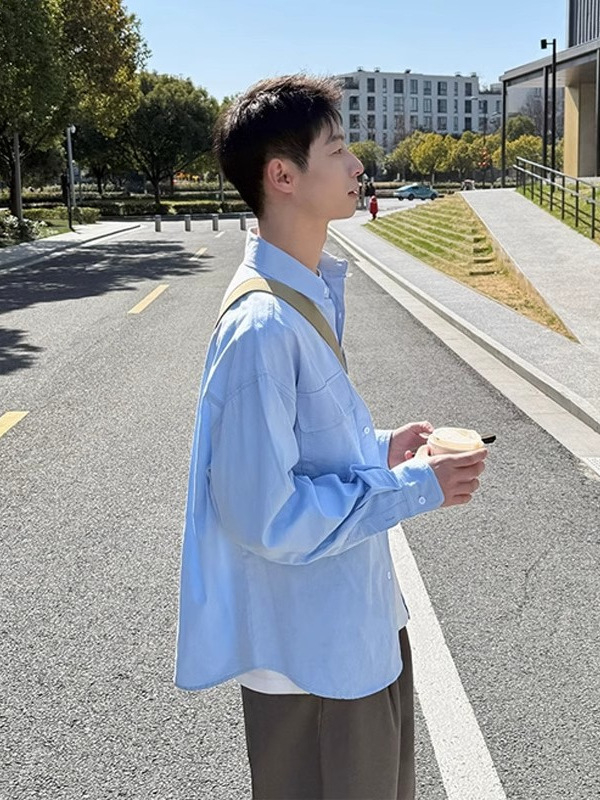 Мъжка риза с дълги ръкави, свободен силует, яка лапел, полиестер