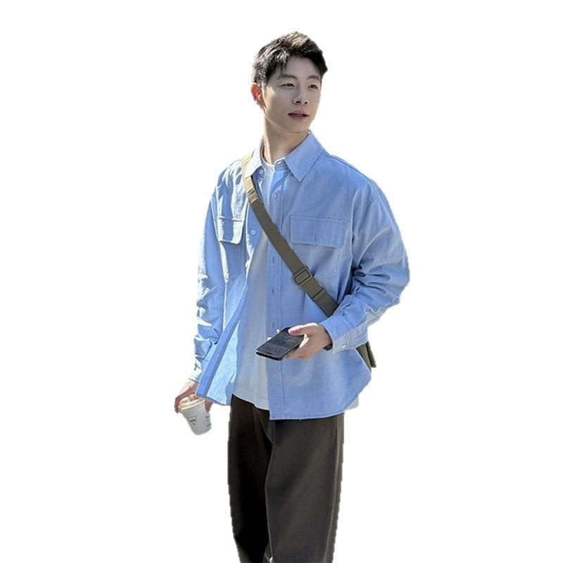 Мъжка риза с дълги ръкави, свободен силует, яка лапел, полиестер