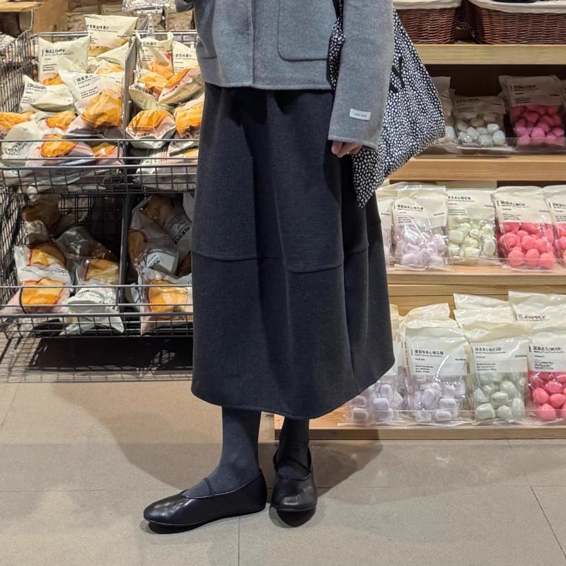 Duga vunena suknja s A-linijom, visoki pojas, japansko-korejski casual stil (5% vuna, vuneni materijal, bez elastana)